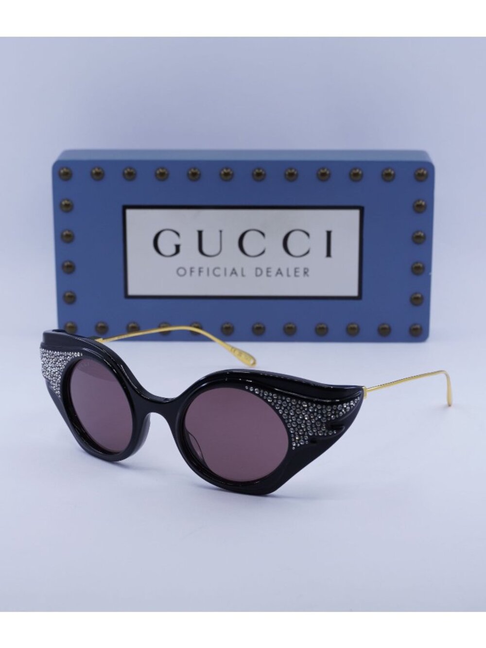 Gucci GG1327S 001 Geometric Sunglasses - Black with Crystal Strass/Gold